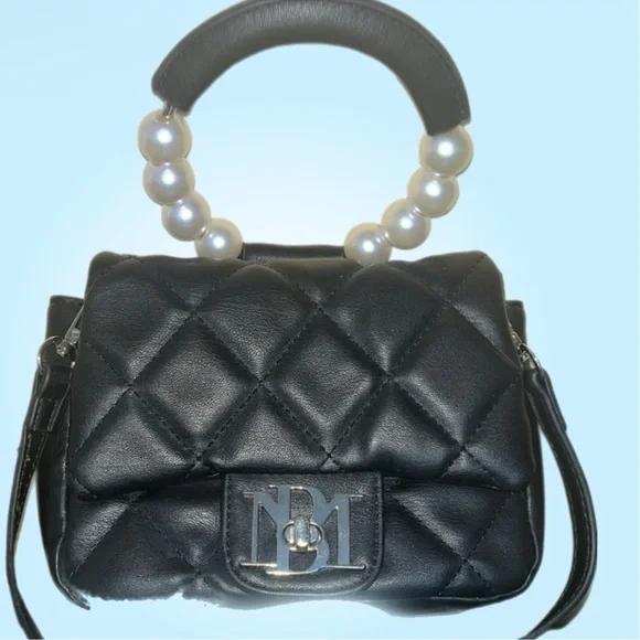 Badgley Mischka/Vegan Leather Clutch Bag Pearl Handle Black Crossbody Purse - Picture 9 of 9